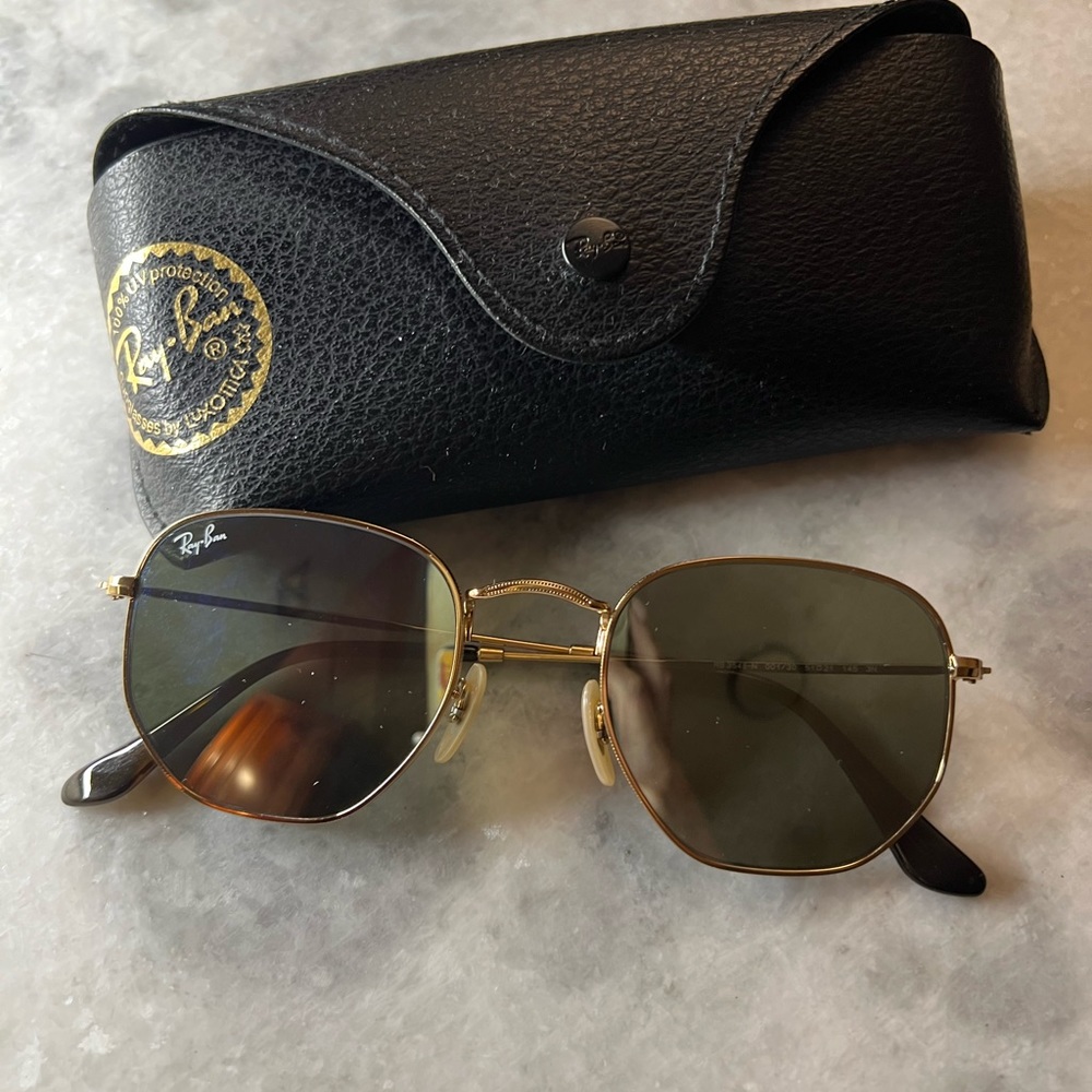 Ray-Ban RB3548N Hexagonal Flat Lenses Sunglasses with Gold Frame Green Lenses